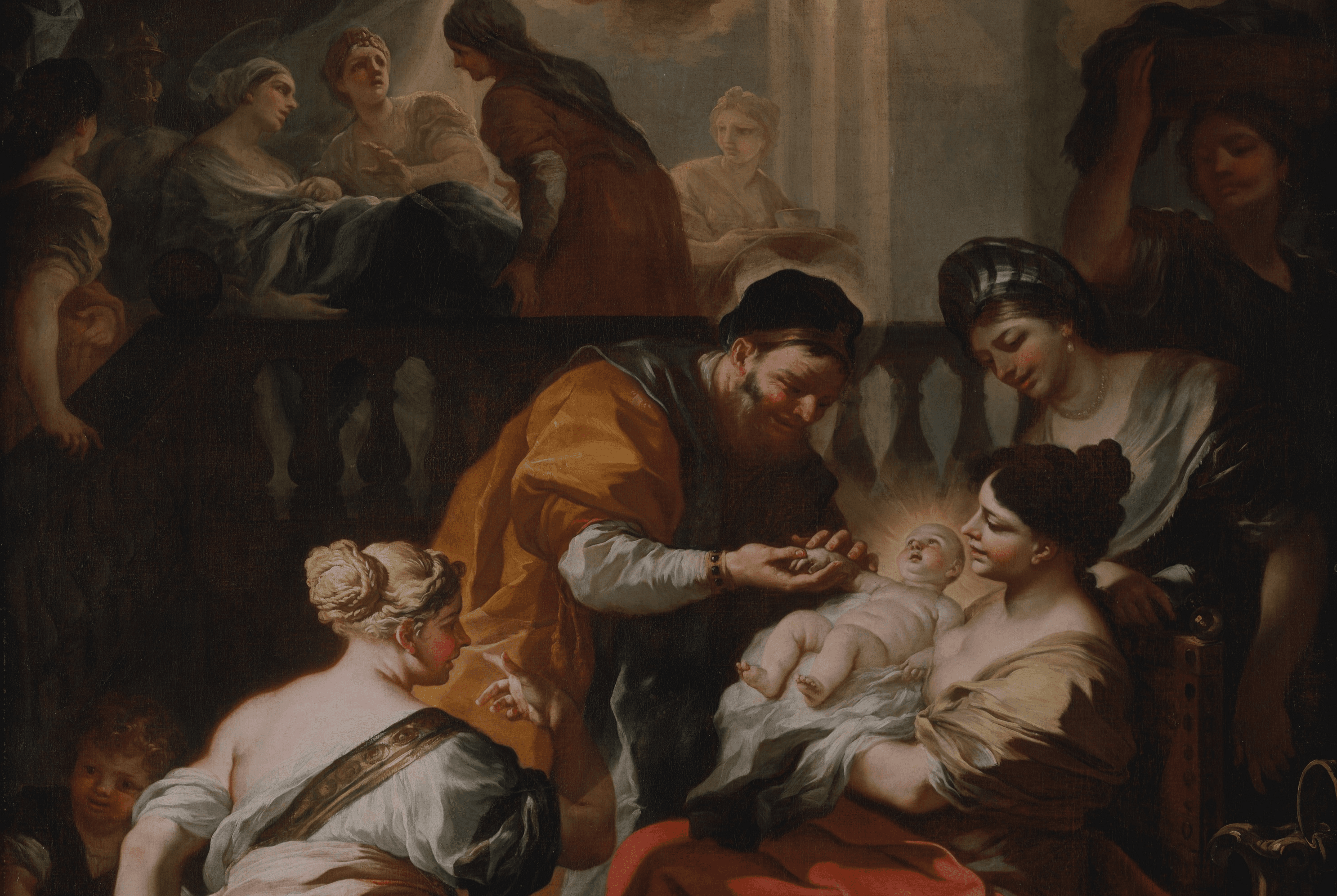 Classical painting depicting acts of care and charity
