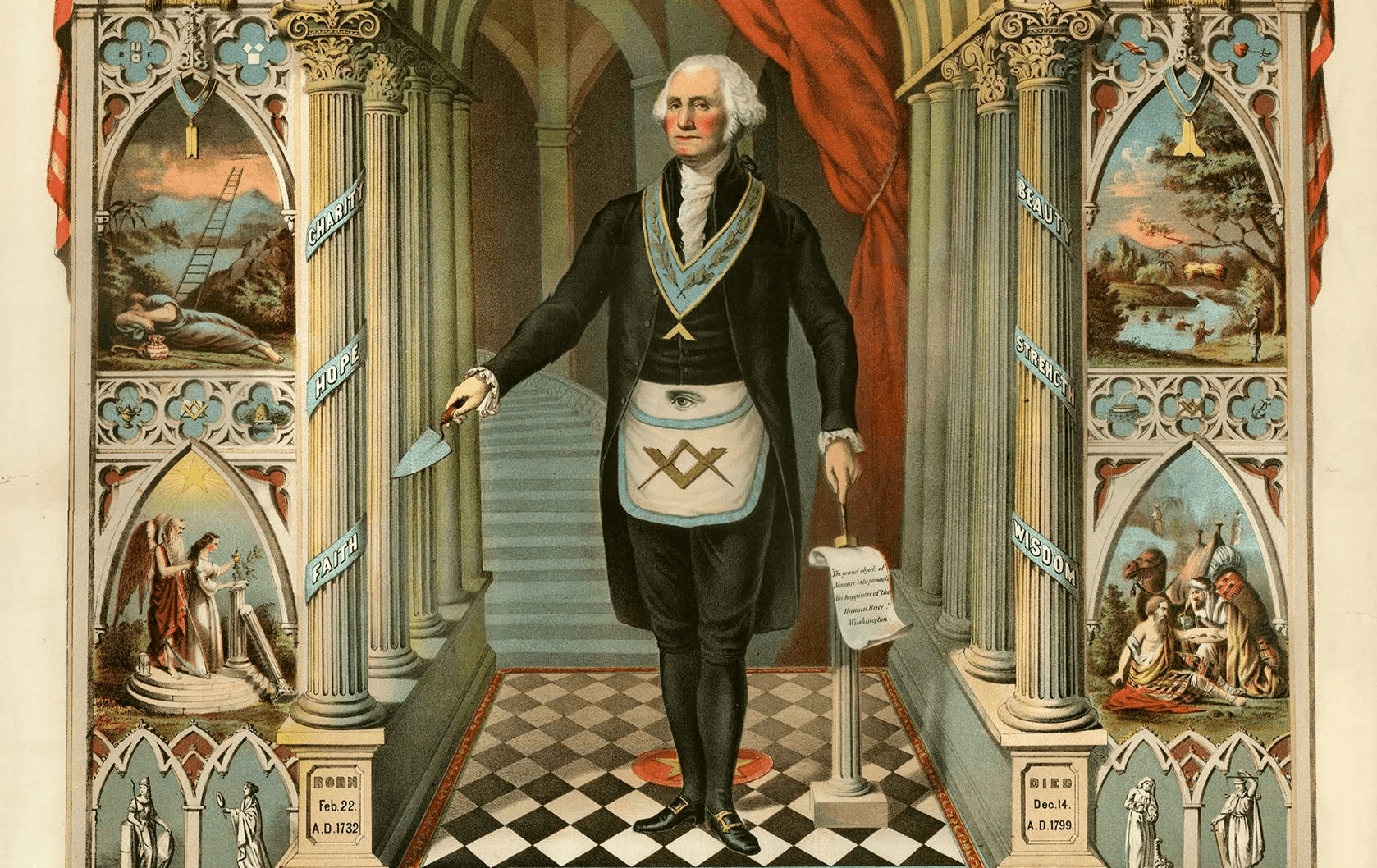 Historic Masonic lithograph of a lodge gathering